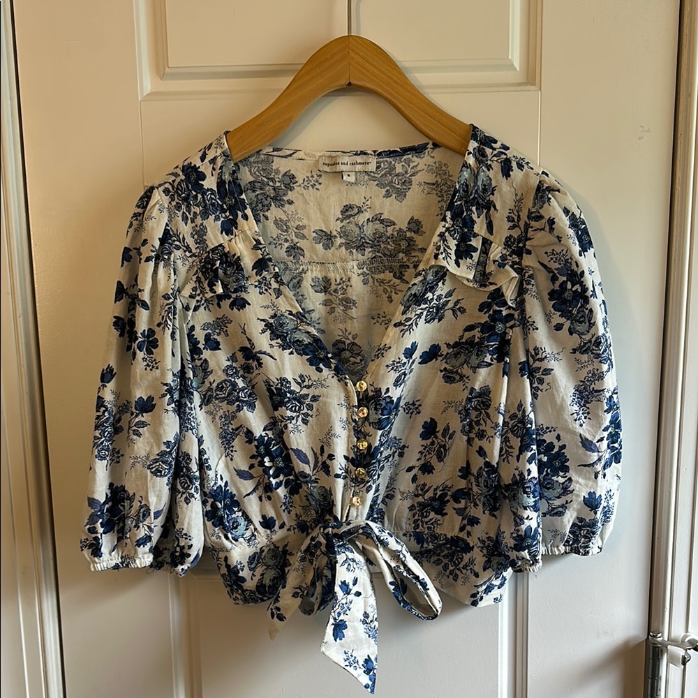 Cupcakes & Cashmere Blue and White Tie Front Puff Sleeve Blouse